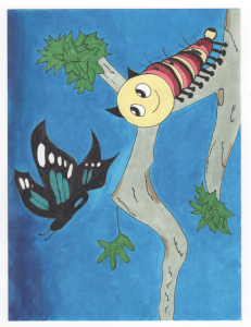 Drawing of a caterpillar with a smiling face looking at a butterfly.